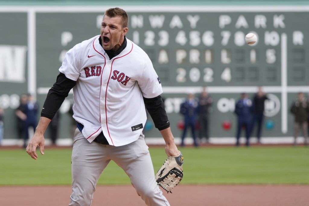 Rob Gronkowski’s first pitch before the Red Sox Patriots’ Day game was typical Gronk