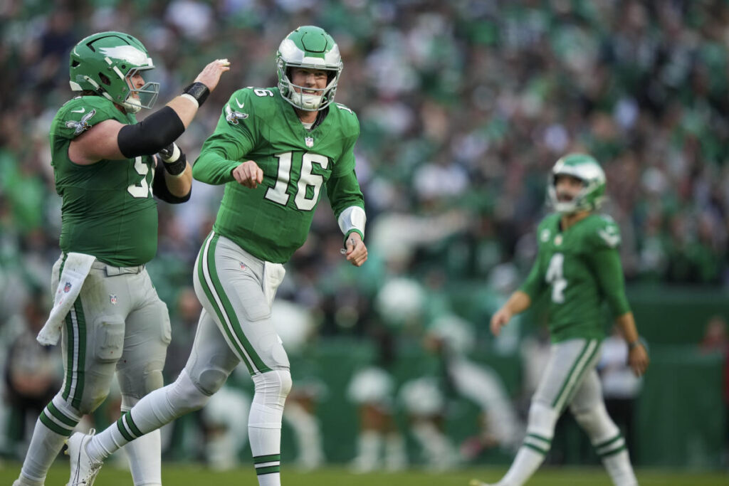 Eagles retrieve 3rd-string QB Tanner McKee’s 1st career touchdown ball from fan after A.J. Brown throws it into the stands