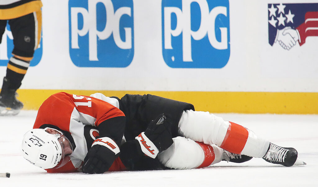 Hathaway exits Flyers’ loss to Penguins after taking hit from Imama