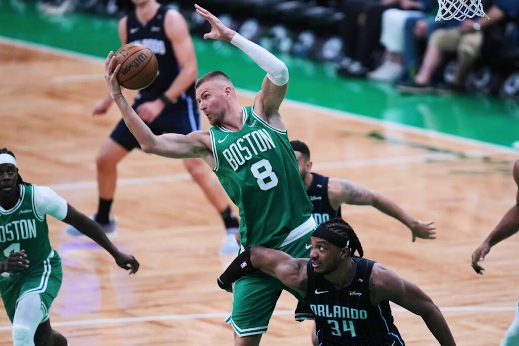 Celtics’ Kristaps Porzingis hit in head, gushes blood, returns to shoot free throws vs. Magic