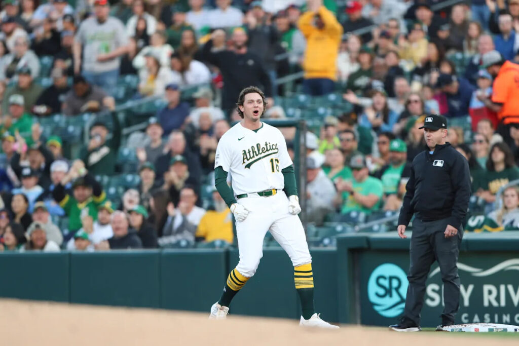 Athletics rookie Nick Kurtz delivers an RBI single in his MLB debut against the Rangers