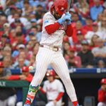 Phillies star Bryce Harper leaves game with bruised elbow when hit by pitch, X-ray negative